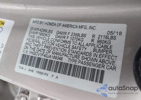 2018 Honda Accord Ex z USA, uszkodzony, nr VIN 1HGCV1F40JA169348